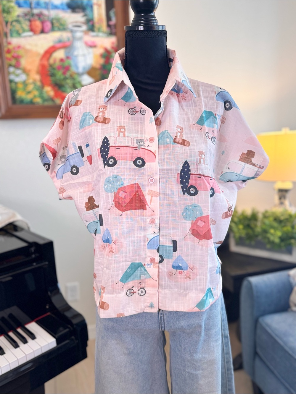 Short-Sleeve Camp Print Button-Up Shirt - Pink